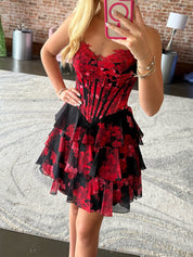 Red A Line Sweetheart Printed Short Homecoming Dress with Ruffles