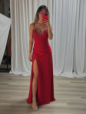 Red Beaded V Neck Corset Bodice Long Prom Dress with Slit