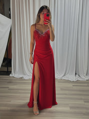Red Beaded V Neck Corset Bodice Long Prom Dress with Slit