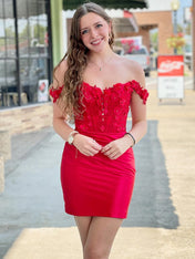 Red Bodycon Off The Shoulder Lace Top Short Satin Homecoming Dress
