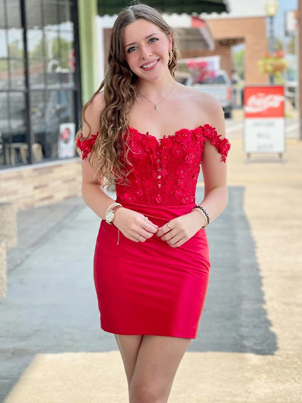 Red Bodycon Off The Shoulder Lace Top Short Satin Homecoming Dress
