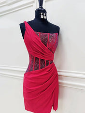 Red Bodycon One Shoulder Satin Short Homecoming Dresses with Slit