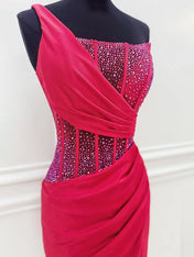 Red Bodycon One Shoulder Satin Short Homecoming Dresses with Slit