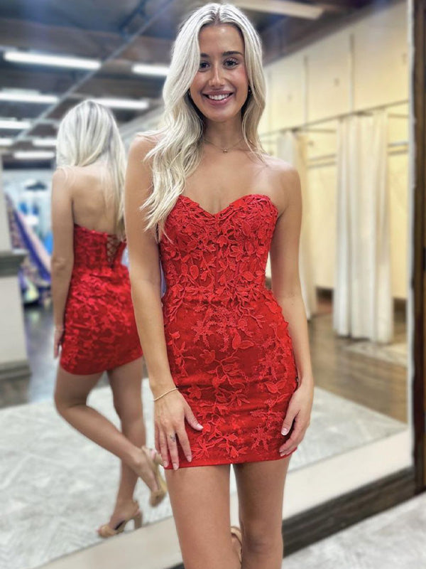 Red Bodycon Sweetheart Lace Up Short Homecoming Dress With Appliques