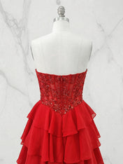 Red Chiffon A-Line Strapless Empire Tiered Long Prom Dresses With Slit