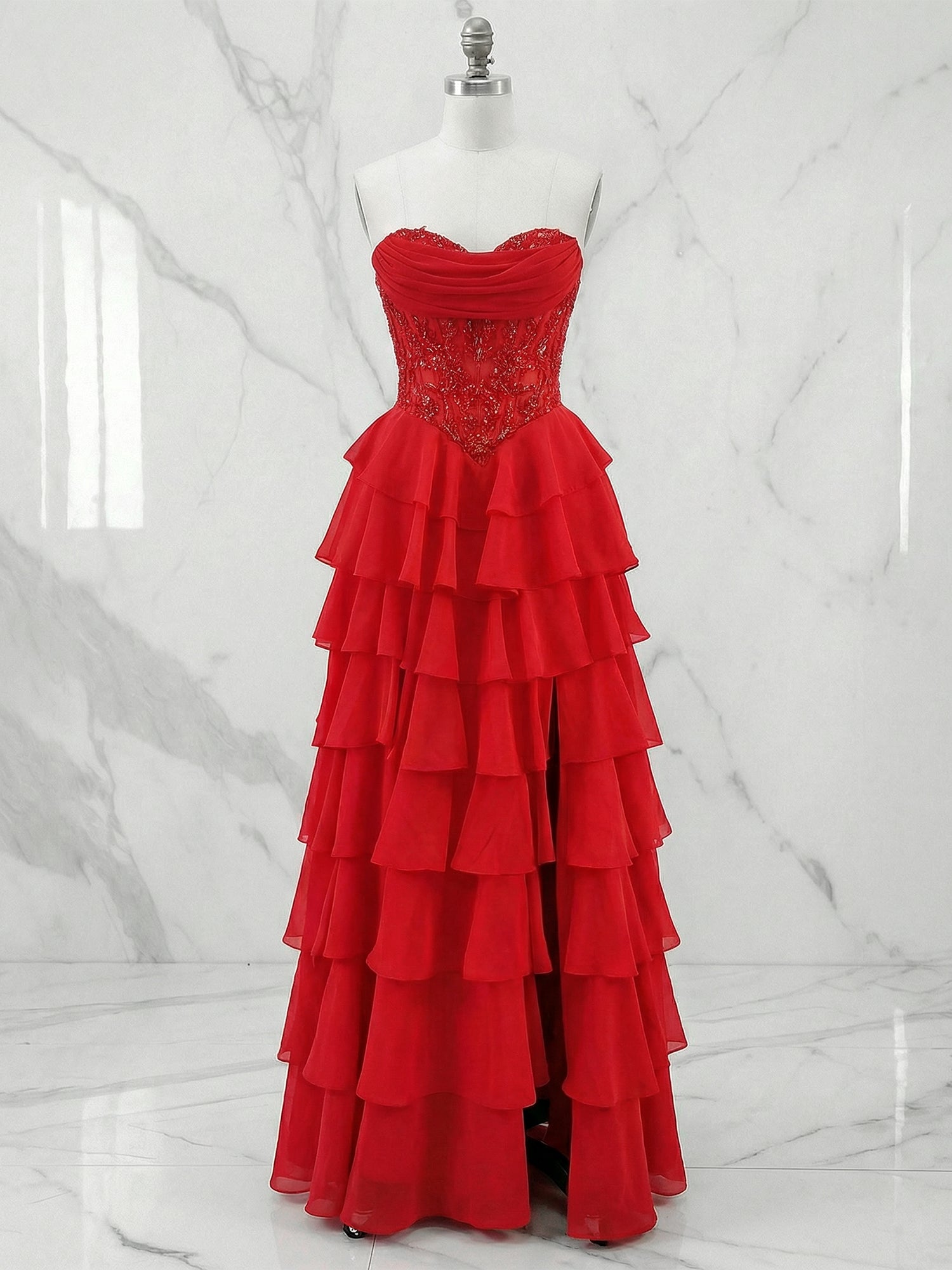 Red Chiffon A-Line Strapless Empire Tiered Long Prom Dresses With Slit