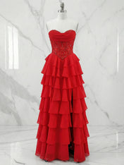 Red Chiffon A-Line Strapless Empire Tiered Long Prom Dresses With Slit