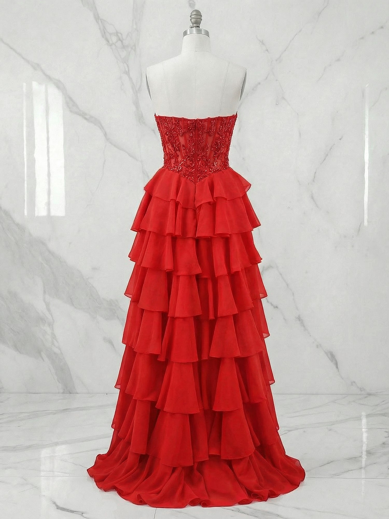 Red Chiffon A-Line Strapless Empire Tiered Long Prom Dresses With Slit
