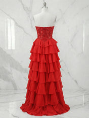 Red Chiffon A-Line Strapless Empire Tiered Long Prom Dresses With Slit