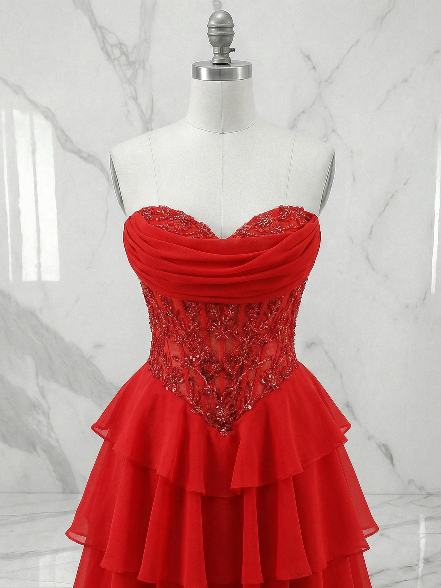 Red Chiffon A-Line Strapless Empire Tiered Long Prom Dresses With Slit