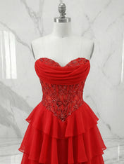 Red Chiffon A-Line Strapless Empire Tiered Long Prom Dresses With Slit