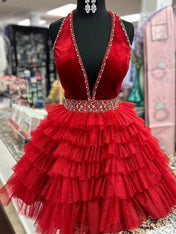 Red Halter Beaded Tiered Short Homecoming Dress