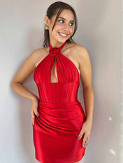 Red Halter Pleated Bodycon Homecoming Dress with Backless
