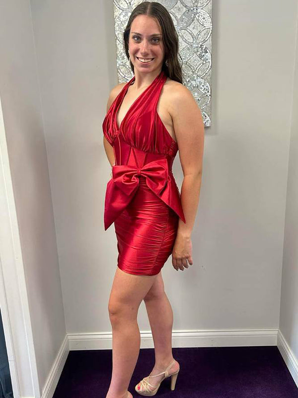 Red Halter Ruched Short Tight Homecoming Dress with Bow