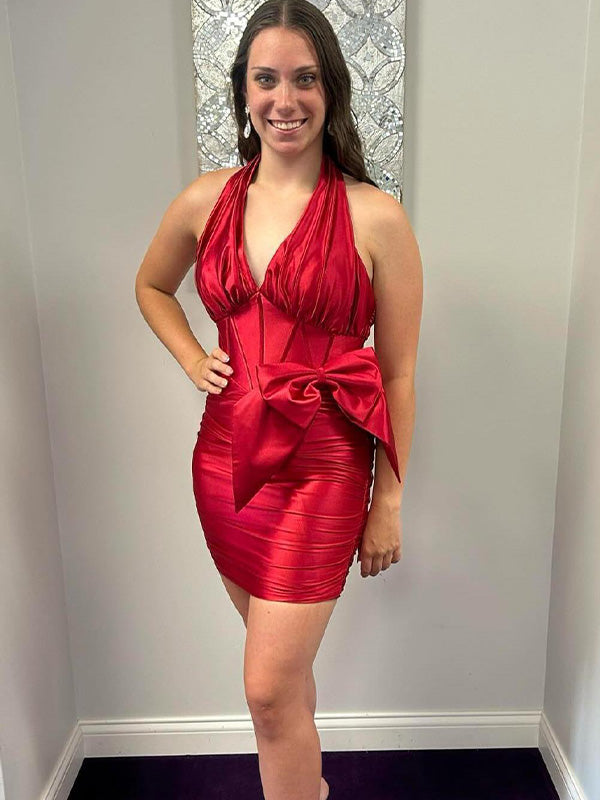 Red Halter Ruched Short Tight Homecoming Dress with Bow