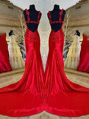 Red Mermaid Flowers Straps Long Prom Dress with Slit