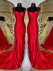 Red Mermaid Flowers Straps Long Prom Dress with Slit