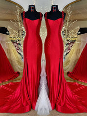 Red Mermaid Flowers Straps Long Prom Dress with Slit