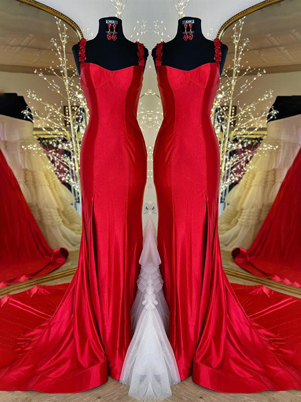 Red Mermaid Flowers Straps Long Prom Dress with Slit