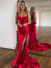 Red Mermaid Flowers Straps Long Prom Dress with Slit