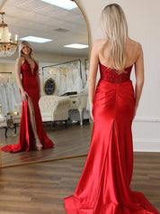 Red Mermaid Halter Sequins Long Satin Prom Dress with Slit