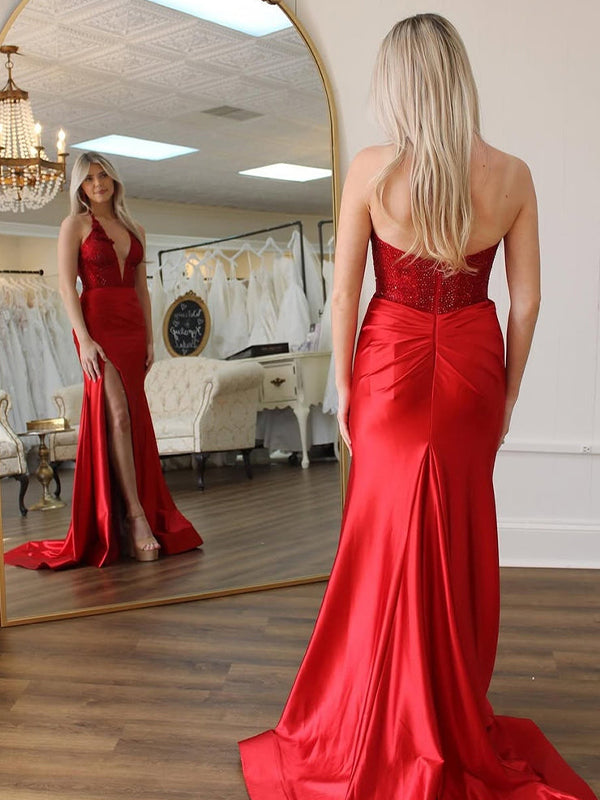Red Mermaid Halter Sequins Long Satin Prom Dress with Slit