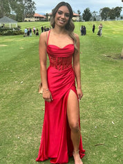 Yellow Mermaid Scoop Neck Satin Long Prom Dress with Slit