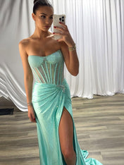 Red Mermaid Strapless Corset Beaded Prom Dress with Slit