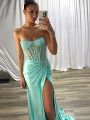 Red Mermaid Strapless Corset Beaded Prom Dress with Slit