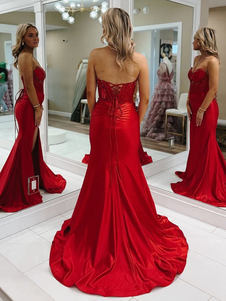 Red Mermaid Strapless Keyhole Satin Long Prom Dresses with Slit