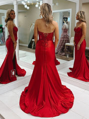 Red Mermaid Strapless Keyhole Satin Long Prom Dresses with Slit