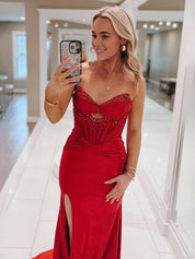 Red Mermaid Strapless Keyhole Satin Long Prom Dresses with Slit
