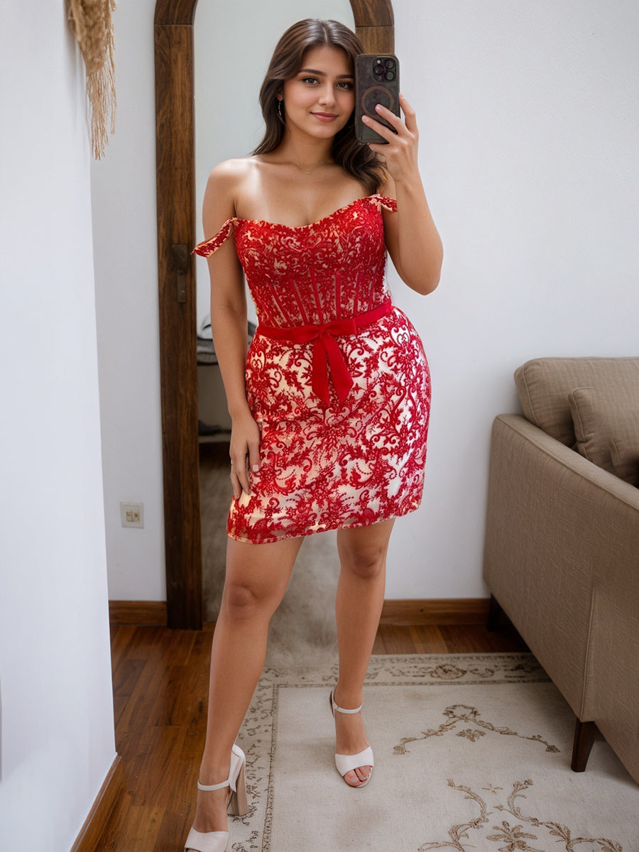 Red Off-Shoulder Lace Bodycon Homecoming Dress with Bow Waist