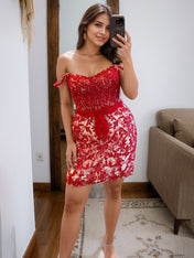 Red Off-Shoulder Lace Bodycon Homecoming Dress with Bow Waist