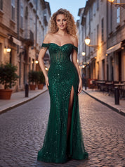 Red Off-the-Shoulder Beaded Tulle Prom Dress with Swirling Sequins