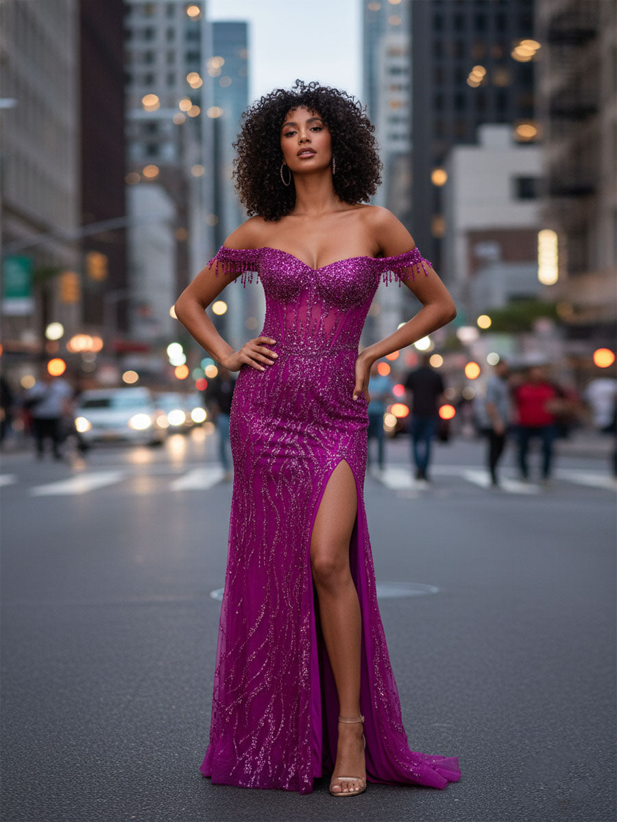Red Off-the-Shoulder Beaded Tulle Prom Dress with Swirling Sequins