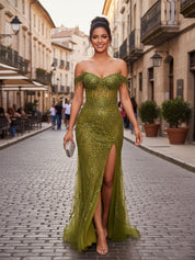 Red Off-the-Shoulder Beaded Tulle Prom Dress with Swirling Sequins