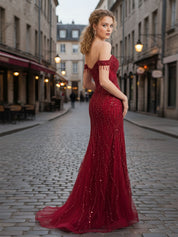 Red Off-the-Shoulder Beaded Tulle Prom Dress with Swirling Sequins