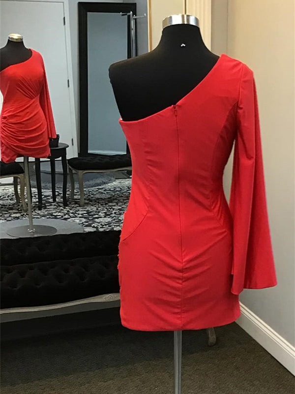 Red One Shoulder Ruched Tight Short Homecoming Dress
