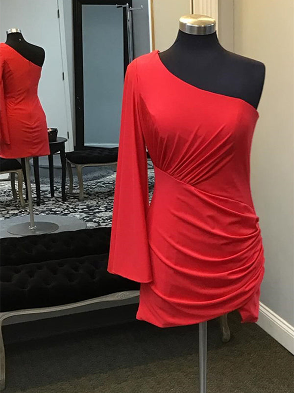 Red One Shoulder Ruched Tight Short Homecoming Dress