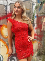 Red One Shoulder Sequins Bodycon Corset Homecoming Dress with Feather
