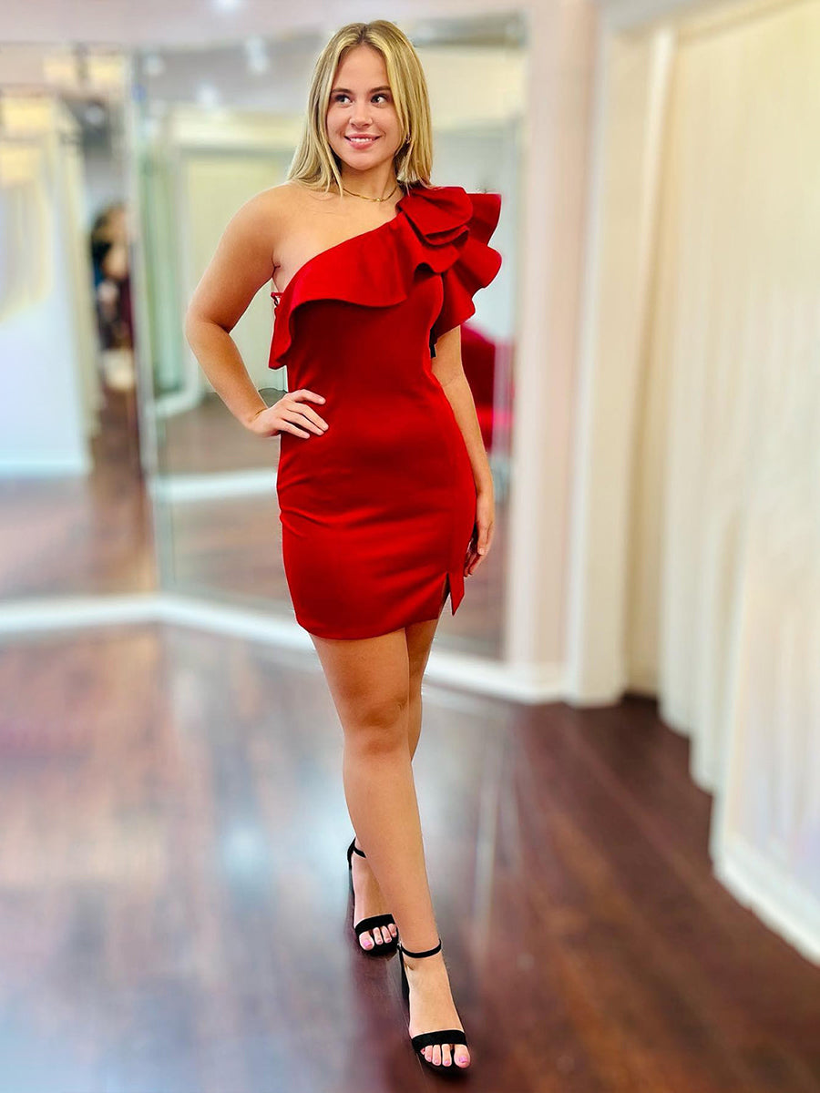 Red One Shoulder Tight Short Homecoming Party Dress with Ruffles