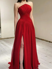 Red Pleated Chiffon Strapless Long Prom Dress with Slit