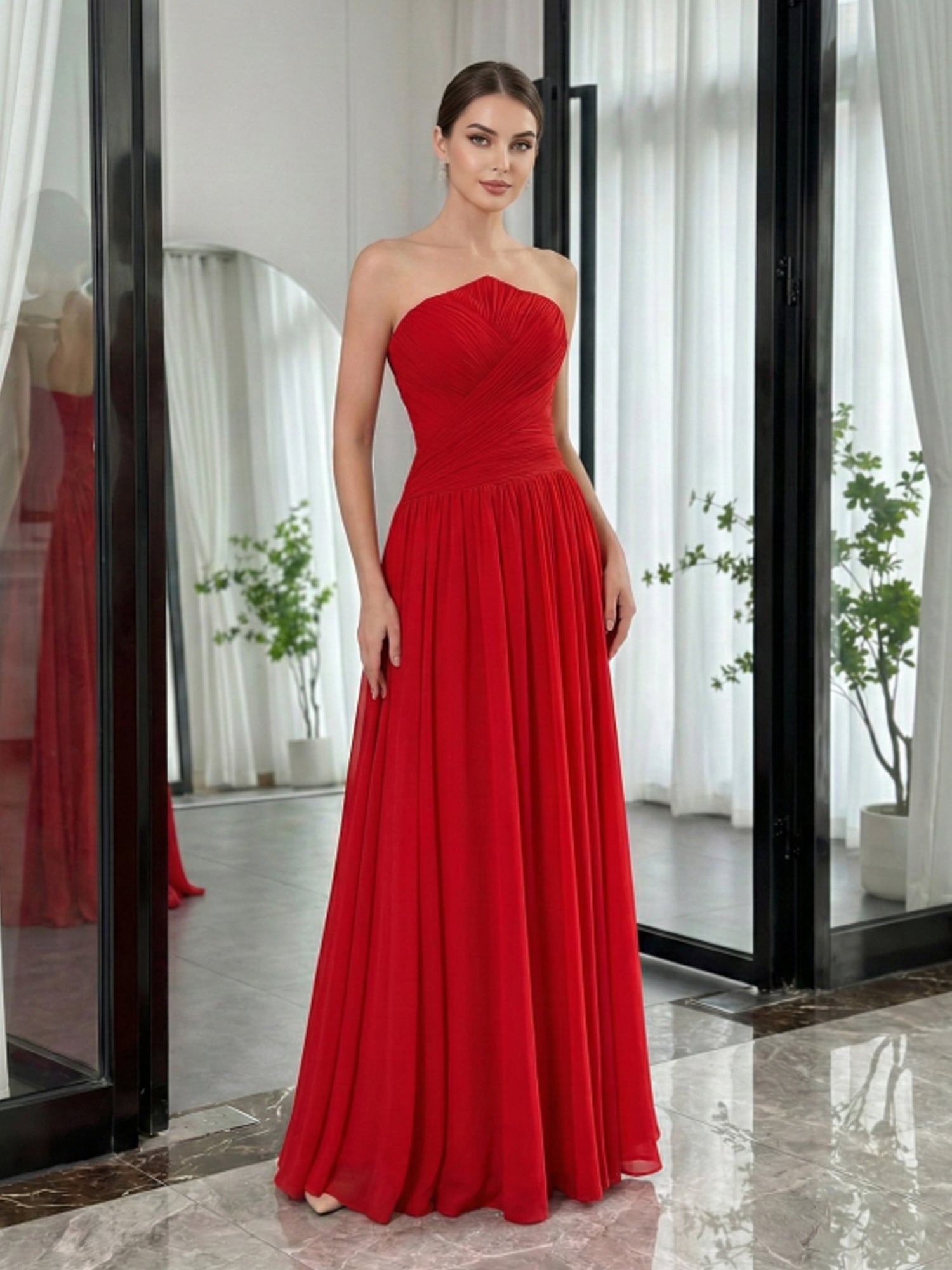 Red Pleated Chiffon Strapless Long Prom Dress with Slit
