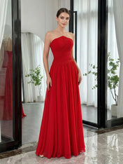 Red Pleated Chiffon Strapless Long Prom Dress with Slit