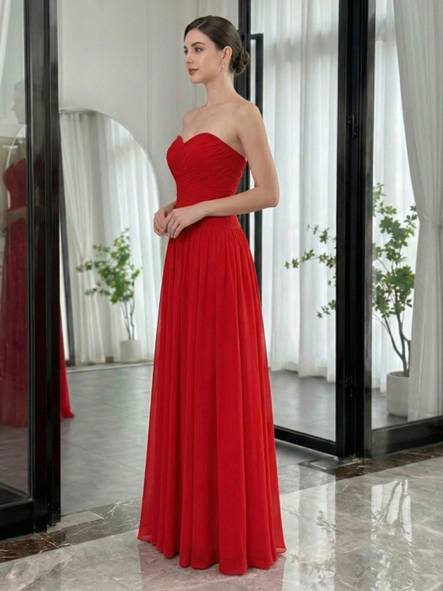 Red Pleated Chiffon Strapless Long Prom Dress with Slit