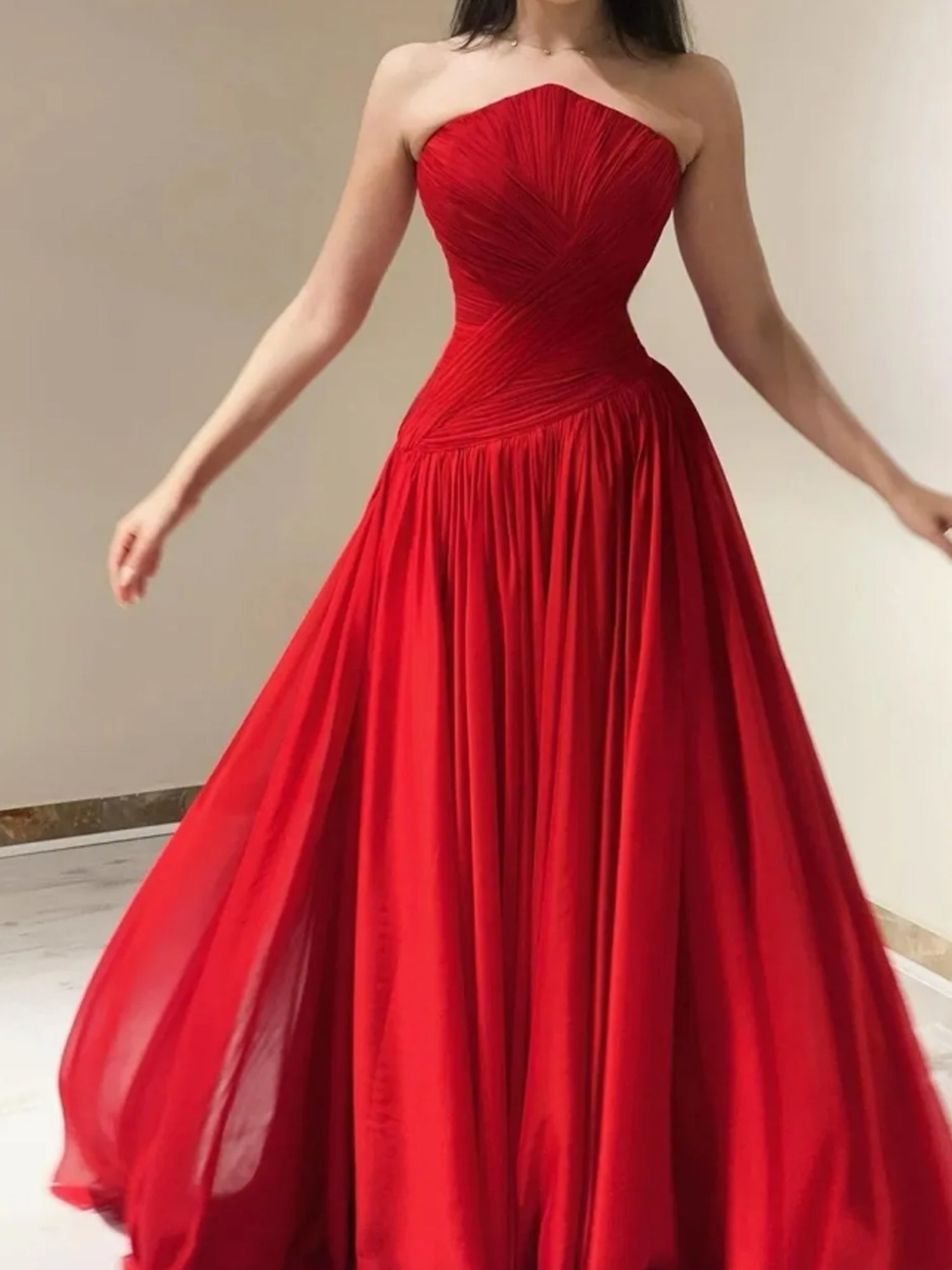 Red Pleated Chiffon Strapless Long Prom Dress with Slit