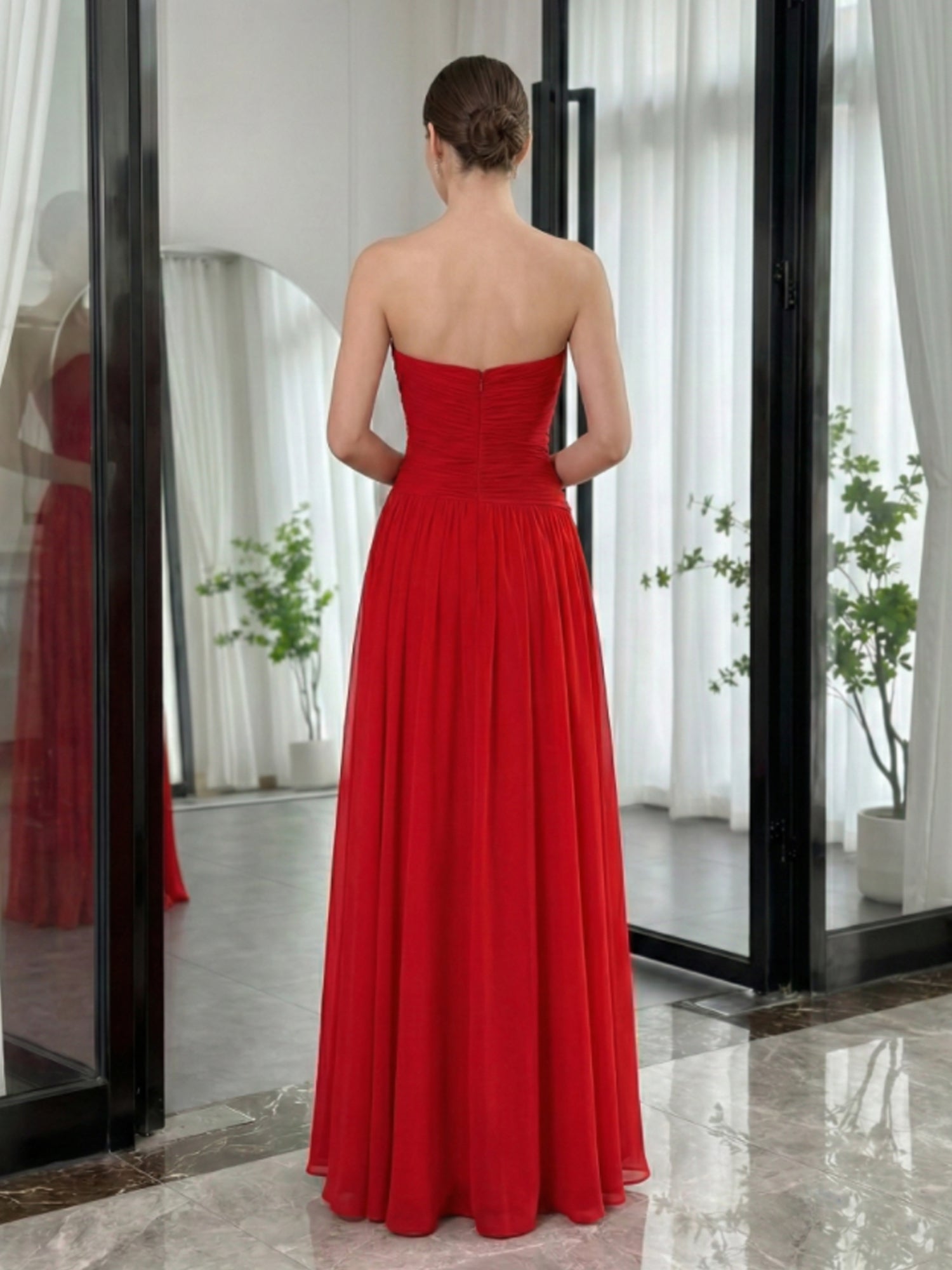 Red Pleated Chiffon Strapless Long Prom Dress with Slit