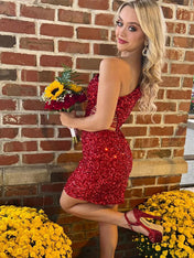 Red Sequin Bodycon One Shoulder Short Homecoming Dress