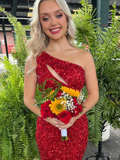 Red Sequin Bodycon One Shoulder Short Homecoming Dress